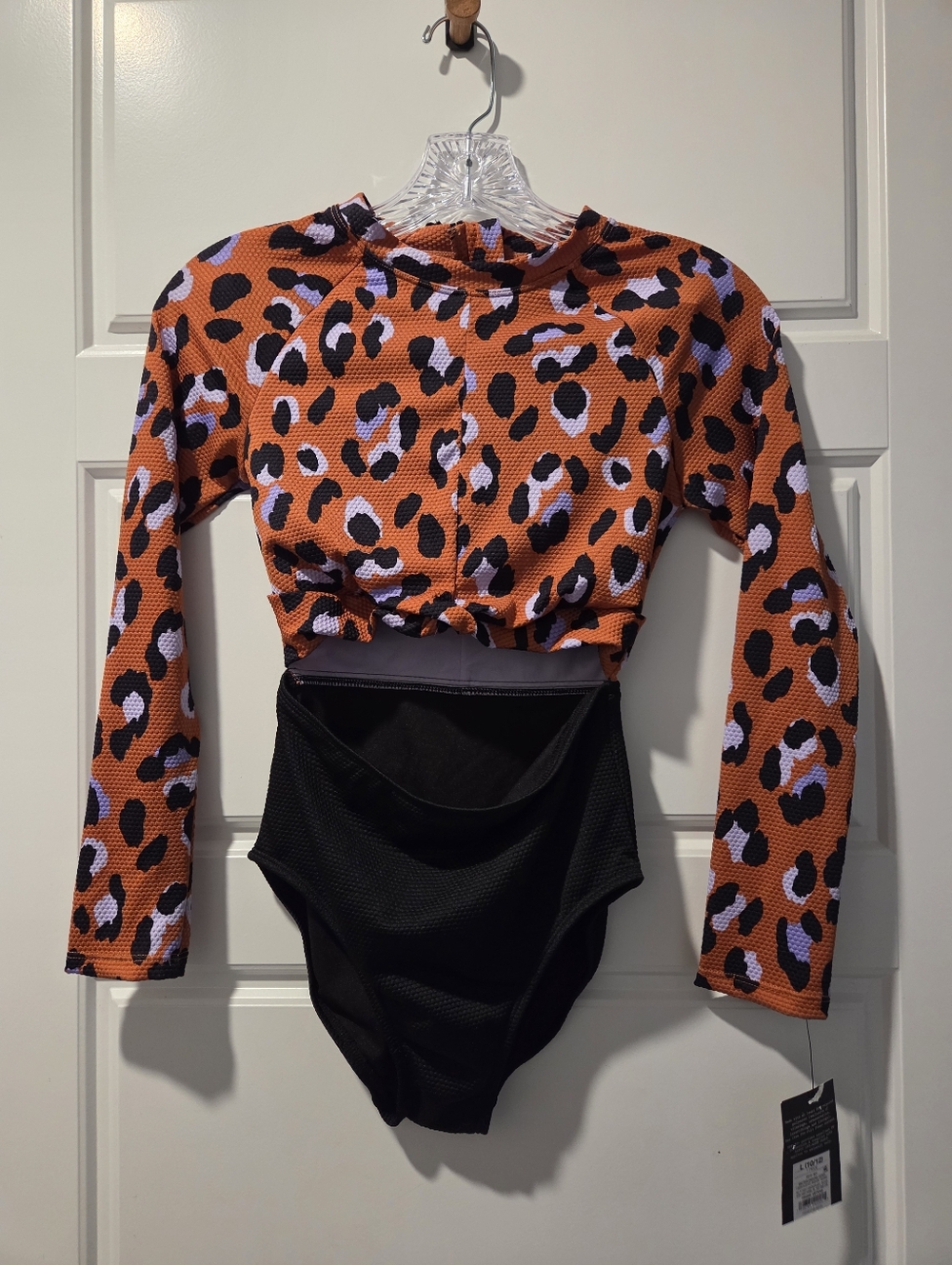 Art Class Long Sleeve Orange Leopard Print One Piece Swimsuit L (10/12) Nwt